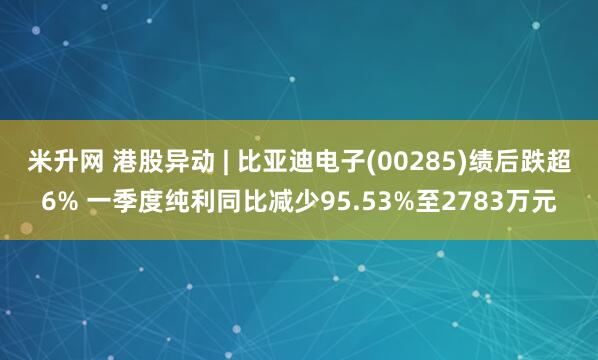 米升网 港股异动 | 比亚迪电子(00285)绩后跌超6% 一季度纯利同比减少95.53%至2783万元
